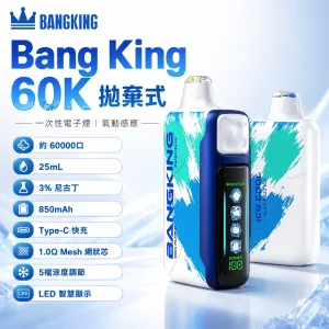 Bang King Ice Cool 60000 一次性電子煙｜60000口 25ml 5檔涼度調節 LED顯示螢幕｜12種口味