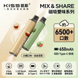 KIS5 凱斯 MIX & SHARE 磁吸雙味一次性電子煙｜6500口 13mL 雙功率切換 Type-C充電｜18種口味