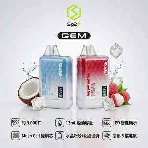 SP2S 思博瑞 GEM 一次性電子煙｜9000口 13mL 智慧螢幕 Type-C可充電｜10種口味